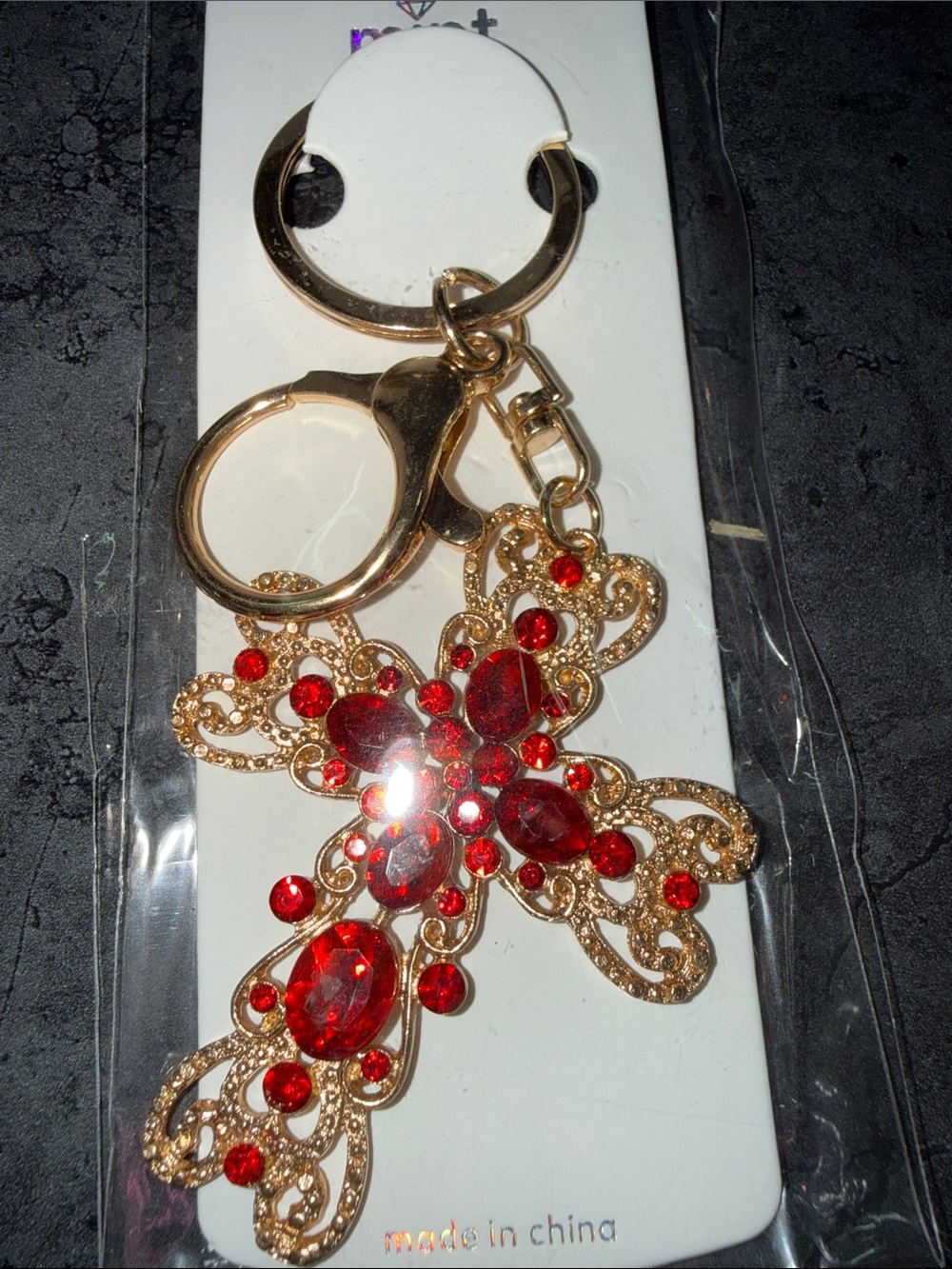 Gold-Tone Red Crystal Cross Keychain